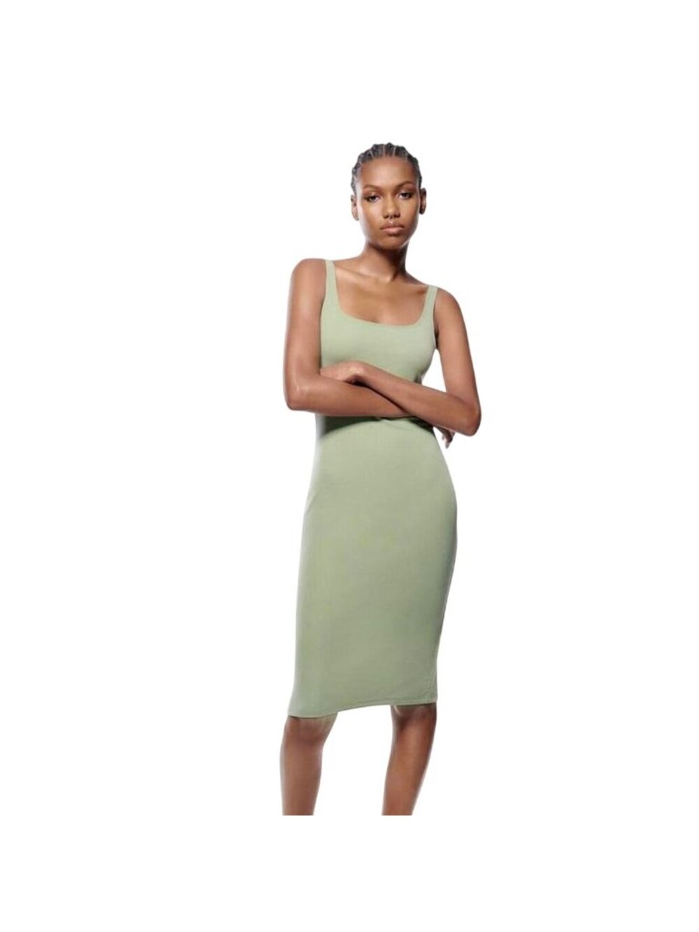 Zara Tank Dress Size Medium Midi Green Square Neck Bodycon